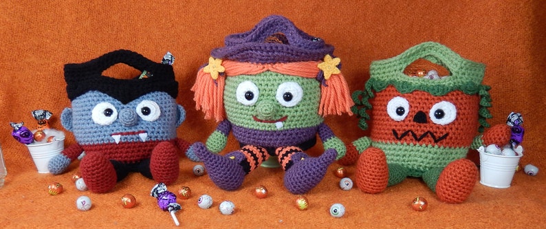Trick or Treat Bags Vampire, Witch and Pumpkin, Bucket Heads Amigurumi Crochet Pattern image 9