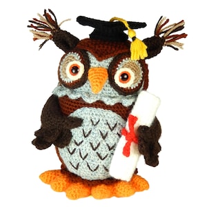 Op de afbeelding: Handgemaakte gehaakte uilfiguur met een afstudeerhoed en een diploma. De uil heeft bruine, blauwe en oranje kleuren. De afstudeerhoed is zwart met een gele kwast. Het diploma is wit met een rood lint.