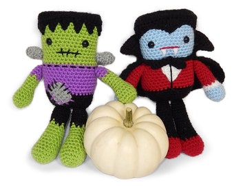 Frankie and Draco Halloween Character Dolls, Frankenstein's Monster and Dracula - Amigurumi Crochet Pattern