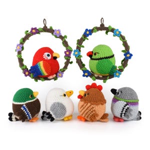 May include: A collection of handmade crochet bird ornaments. Two birds are perched in floral wreaths, one red parrot and one green parakeet. The other birds are a green and brown duck, a white seagull, a brown chicken, and a gray pigeon.