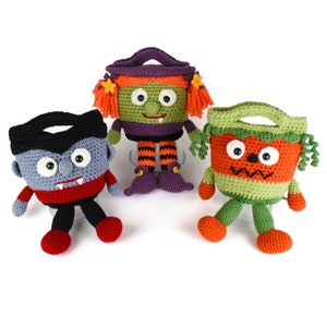 Trick or Treat Bags Vampire, Witch and Pumpkin, Bucket Heads Amigurumi Crochet Pattern image 1