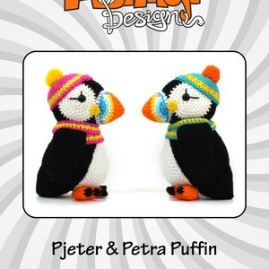 May include: Two crocheted puffins, one with a pink and yellow hat and the other with a blue and yellow hat, both wearing yellow and orange scarves. The puffins are standing on a white background. The image includes the text "Pjeter & Petra Puffin", "An original crochet pattern by Janine Holmes", and "www.mojimojidesign.com".