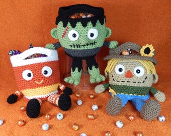 Trick or Treat Bags, Frank, Candy Corn, Scarecrow Halloween Candy Keepers - Amigurumi Crochet Pattern