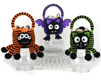 かぎ針編みのパターン - クモ、コウモリ、猫 - ハロウィンのトリック・オア・トリートバッグ