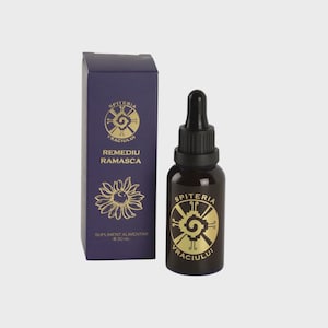 May include: A dark brown glass bottle with a dropper and a navy blue box. Both the bottle and box feature gold text and a circular logo. The box reads "Remediu Ramasca" and "Supliment Alimentar 30 ml."