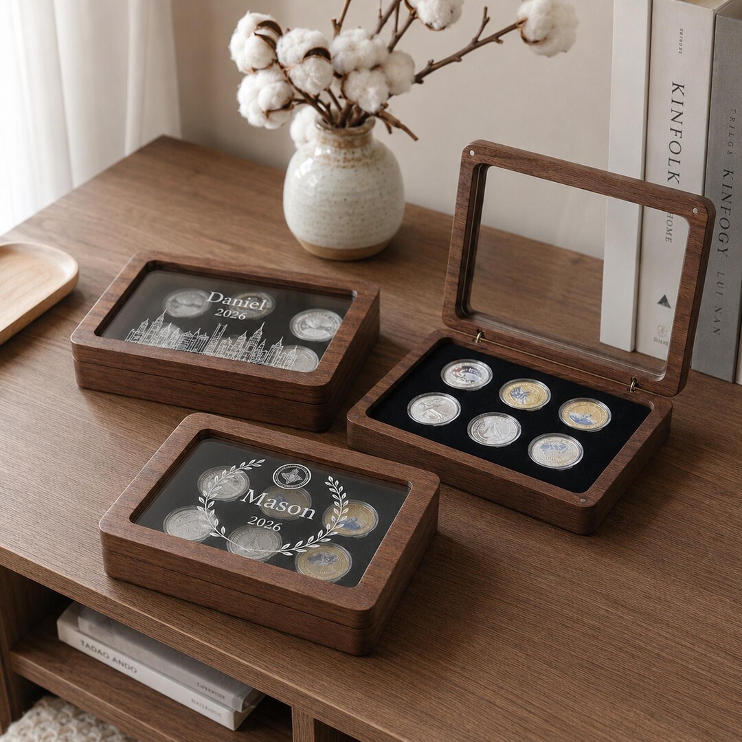 Storage Coin Box Unique Design Personalized Coin Display Box, Custom Engraved Walnut Keepsake Case, 6 ...