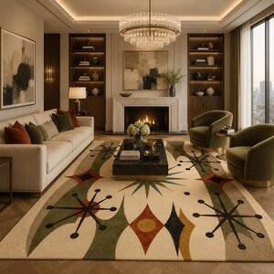 May include: A large area rug featuring a cream-coloured background with a repeating pattern of olive green, burnt orange, and black geometric shapes, including starbursts, diamonds, and circles, covering the floor of a living room.