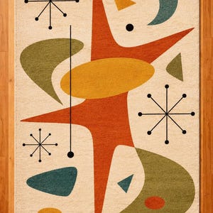 May include: A rectangular area rug with a cream-colored background featuring a multi-colored abstract pattern. The design includes orange starburst shapes, olive green curved forms, teal crescent shapes, yellow ovals, and black starburst icons.