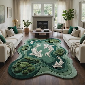 May include: An irregularly shaped area rug featuring a layered green pond design with three white koi fish and textured moss-like clusters. The rug has a deep green, sage, and light green colour palette with raised elements mimicking a natural water scene.