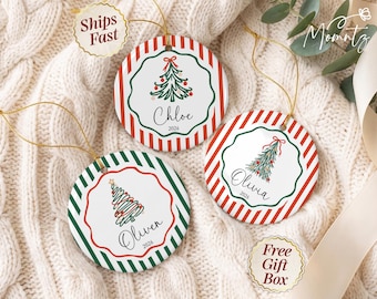 Personalized Christmas Tree Ornament 2026, Custom Name Ornament, Striped Ceramic Keepsake, Kids Christmas Gift, Family Ornament with Name