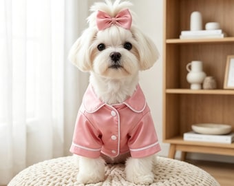 Satynowa piżama dla zwierząt z pasującą kokardą, jedwabista piżama dla psa, różowo-granatowa koszulka dla zwierząt