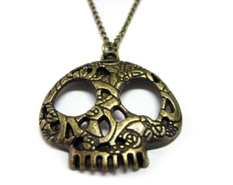 Brass Toned Skull Charm Necklace