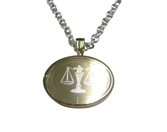 Gold Toned Etched Oval Scale of Justice Law Pendant Necklace