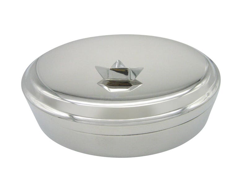 Silver Toned Origami Boat Design Pendant Oval Trinket Jewelry Box