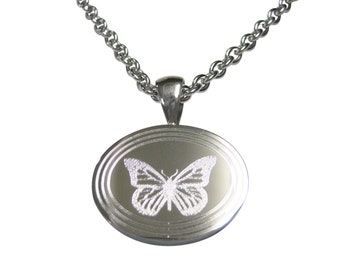 Silver Toned Etched Oval Simple Butterfly Bug Pendant Necklace