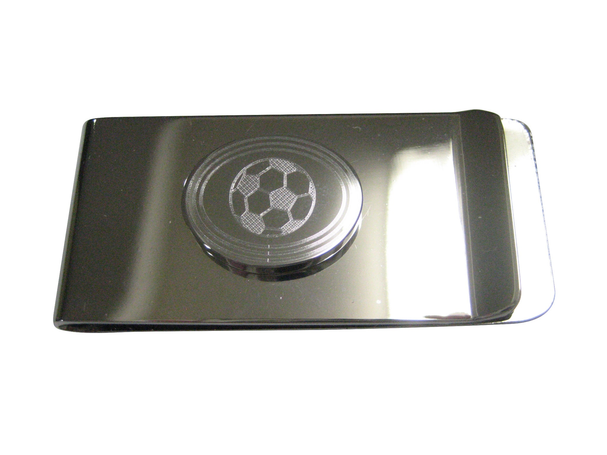 Silver Toned Etched Oval Soccer Ball Money Clip