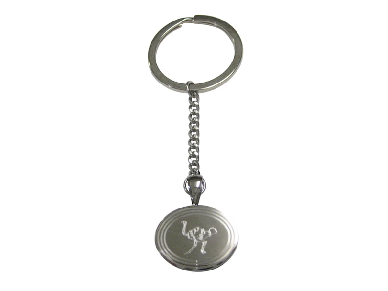 Silver Toned Etched Oval Ostrich Bird Pendant Keychain
