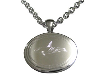 Silver Toned Etched Oval Killer Whale Orca Pendant Necklace