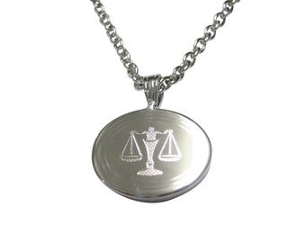 Silver Toned Etched Oval Scale of Justice Law Pendant Necklace