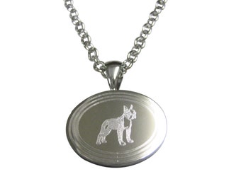 Silver Toned Etched Oval Boston Terrier Dog Pendant Necklace