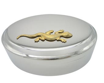 Gold Toned Large Lizard Pendant Oval Trinket Jewelry Box