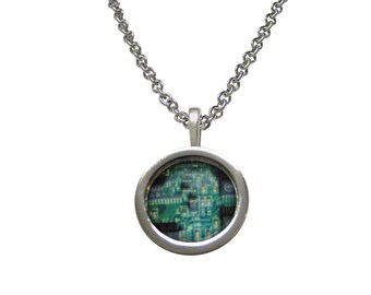 Circular Green Computer Circuit Pendant Necklace