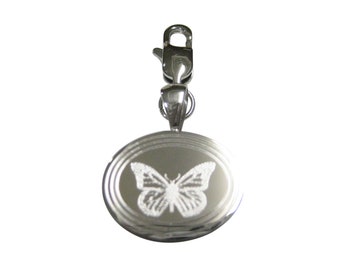 Silver Toned Etched Oval Simple Butterfly Bug Pendant Zipper Pull Charm