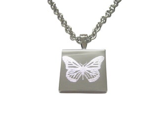 Silver Toned Etched Simple Butterfly Bug Pendant Necklace