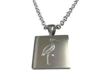 Silver Toned Square Etched Crane Bird Pendant Necklace