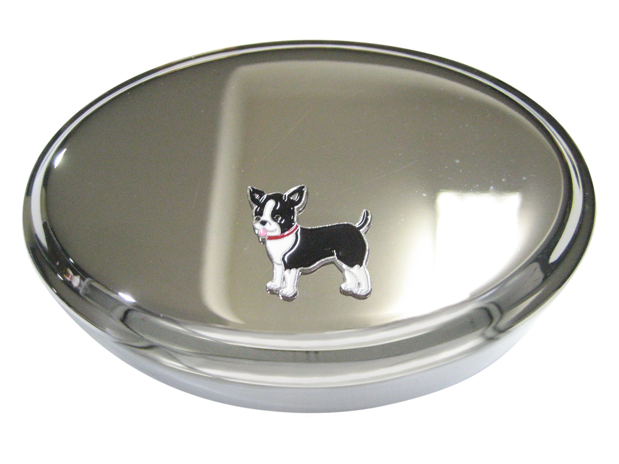 Silver Toned Etched Oval Boston Terrier Dog Pendant Zipper Pull Charm
