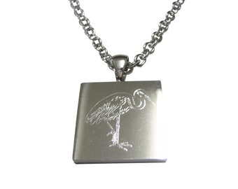 Silver Toned Square Etched Egret Bird Pendant Necklace