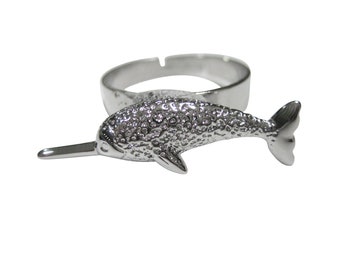 Silver Toned Narwhal Narwhale Whale Adjustable Size Ring