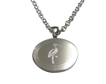 Silver Toned Oval Etched Crane Bird Pendant Necklace