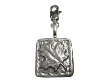 Silver Toned Square Maple Leaf Pendant Zipper Pull Charm