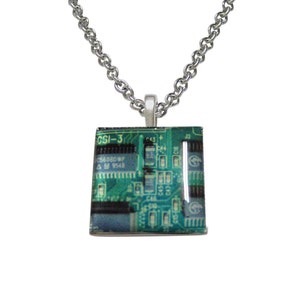 Square Green Computer Circuit Pendant Necklace image 1