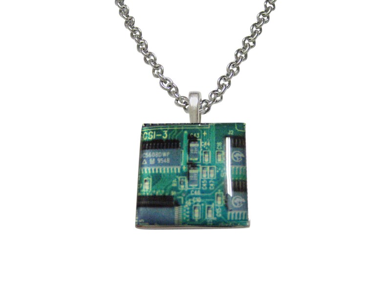 Square Green Computer Circuit Pendant Necklace image 1