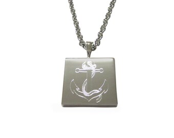 Silver Toned Etched Nautical Roped Anchor Pendant Necklace