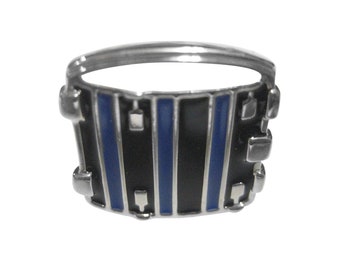 Blue and Black Toned Drum Musical Instrument Adjustable Size Fashion Ring