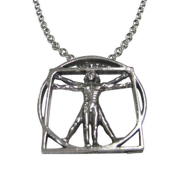 Argent Toned Leonardo Da Vinci Vitruvian Man Outline Pendant Necklace