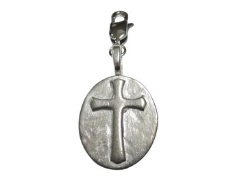 Zilveren Afgezwakt Oval Religieuze Cross Hanger Zipper Pull Charm