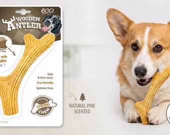 Juguete masticable ecológico de madera con forma de asta para perros: hueso de fibra de madera duradero para masticadores agresivos. Con aroma a pino, sin astillas y no tóxico.