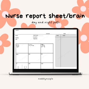 Puede incluir: Un portátil que muestra una hoja de informe de enfermería con el texto "Nurse report sheet/brain day and night pdfs". La pantalla muestra un formulario con secciones para información del paciente, consultas y detalles del evento. Ilustraciones de flores color melocotón rodean el portátil.