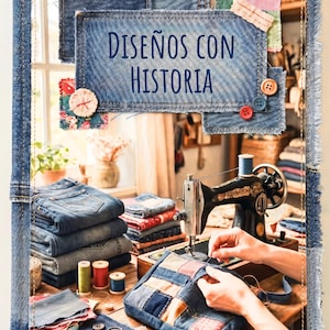Puede incluir: Un libro o álbum rectangular cubierto de tela con un borde de mezclilla de bordes deshilachados. La portada muestra un parche central de mezclilla con el texto "DISEÑOS CON HISTORIA" en azul oscuro, decorado con pequeños cuadrados de tela.