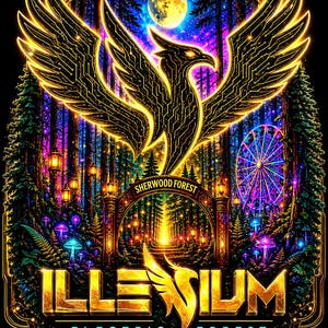May include: A vibrant digital art piece featuring a golden phoenix with outstretched wings, set against a backdrop of a colorful forest and a full moon. The text "SHERWOOD FOREST" and "ILLENIUM ELECTRIC FOREST" are also displayed.