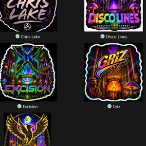 May include: A collection of vibrant, psychedelic art pieces featuring the Electric Forest logo. Each design showcases a different artist or event, including "Chris Lake," "Disco Lines," "Excision," "Griz," and "Illenium," with colorful, fantastical imagery.