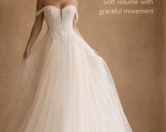 Sparkly Off Shoulder Wedding Dress, Beaded A-Line Tulle Gown, Corset Back Princess Style