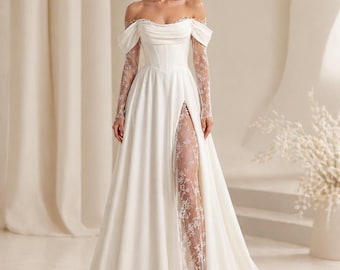 Off Shoulder Wedding Dress with Slit, Ivory A Line Bridal Gown, Corset Back Wedding Dress, Romantic Lace Sleeve Bridal Dress