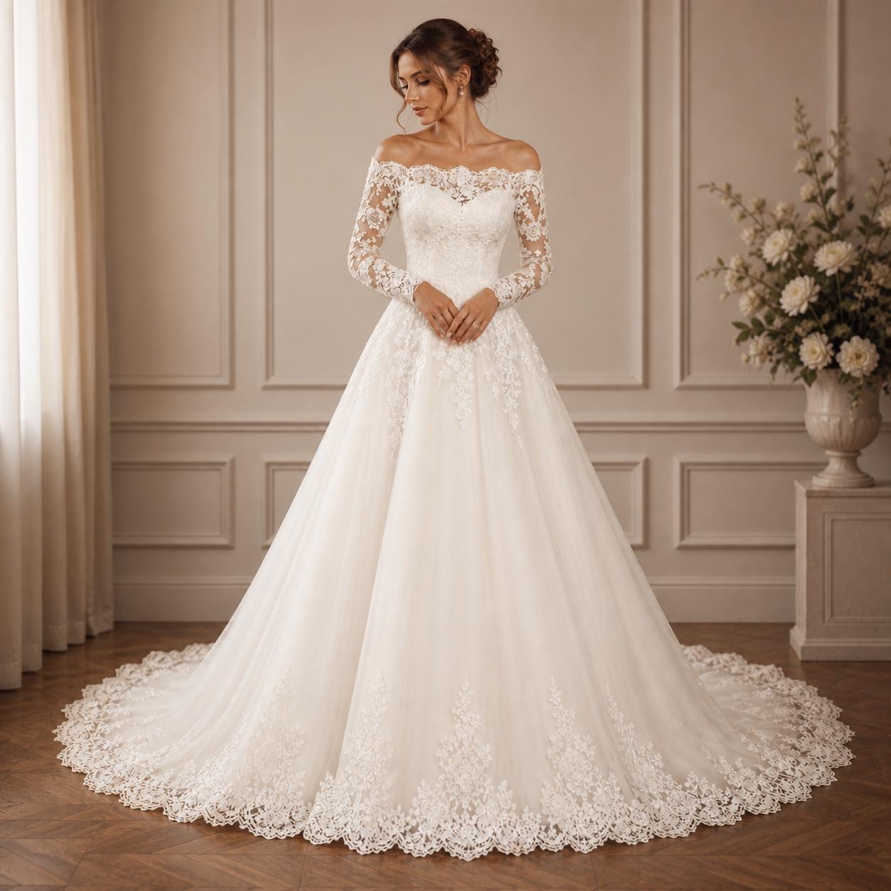 off the shoulder lace wedding dresses uk Modest Lace Bridal Gown Off-the-Shoulder Long Sleeves Wedding Dress DTW170  – DressTok.co.uk main image 1