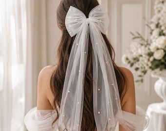White Pearl Bridal Hair Bow, Wedding Veil Bow Clip, Sheer Tulle Bow Hair Accessory, Bridal Hair Piece, Hen Party Bride Bow