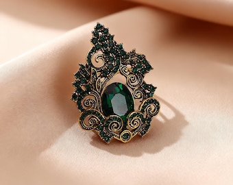 Vintage Green Crystal Brooch Pin, Antique Gold Filigree Brooch, Gothic Emerald Statement Jewelry for Women Gift